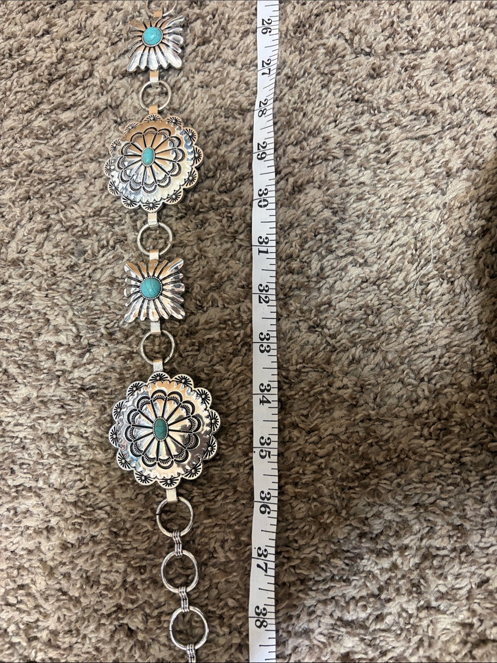 Turquoise Accent Silver Concho Belt Necklace - Women Jewelry - Picture 3 of 4